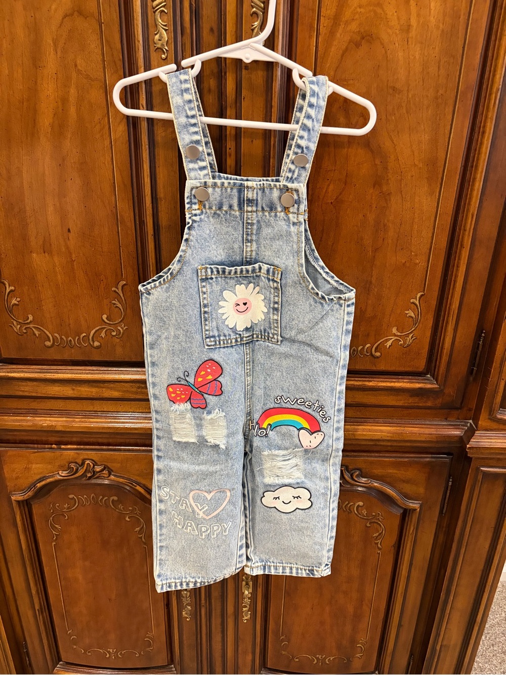 SHEIN Light Blue Denim Overalls with Rainbow, Butterfly & Flower Patches NWT